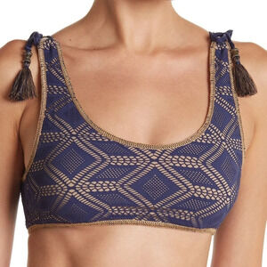 BECCA Wanderlust Crochet Tassel Bikini Top, NAVY, Size Medium, NWT​